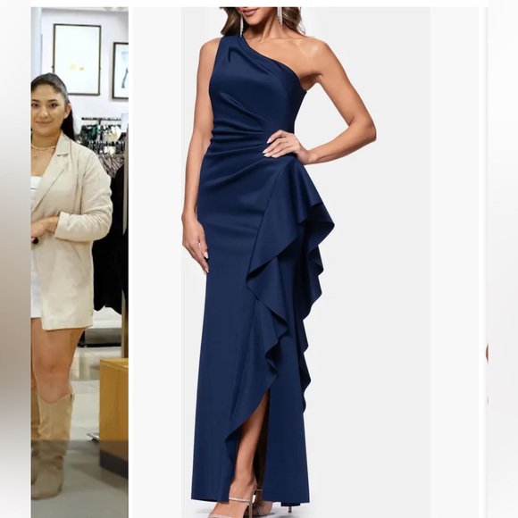 NWOT Xscape navy scuba ruffle one shoulder gown - Picture 2 of 14